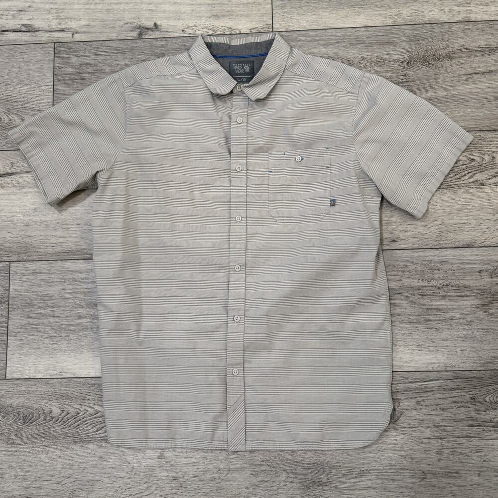 Mountain Hardwear Men's Button Up Striped Hiking Shirt Large Gray Short Sleeve